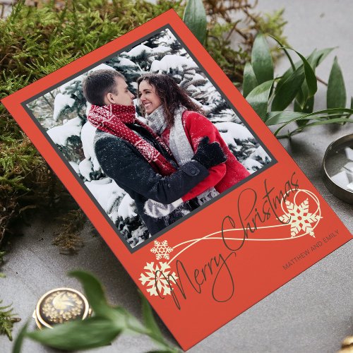 Elegant Merry Christmas Snowflakes Orange Photo Holiday Card