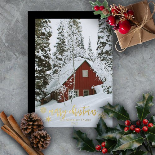 Elegant Merry Christmas Snowflakes Photo Foil Holiday Card