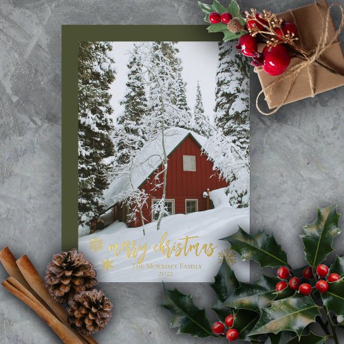 Elegant Merry Christmas Snowflakes Photo Foil Holiday Card