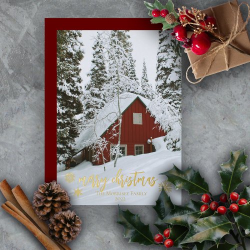 Elegant Merry Christmas Snowflakes Photo Foil Holiday Card