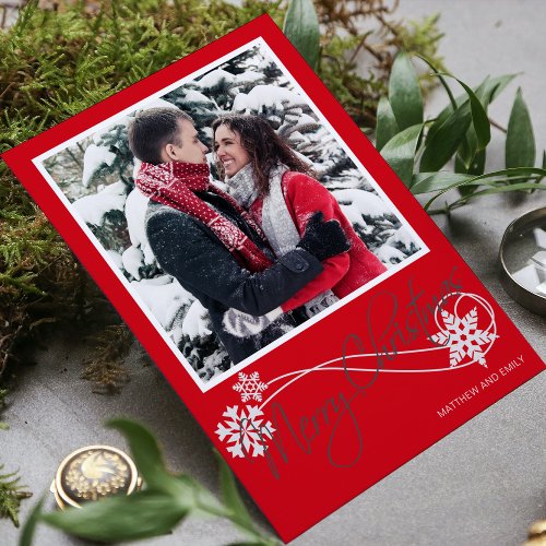 Elegant Merry Christmas Snowflakes Red Photo Holiday Card