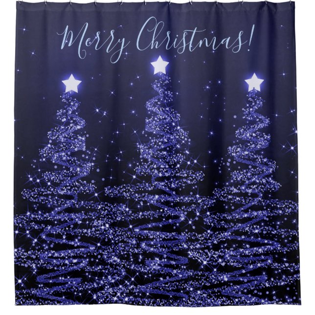 Elegant Merry Christmas Sparkling Trees Blue Shower Curtain (Front)