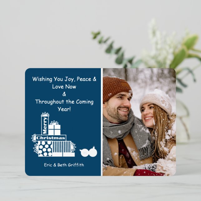 Elegant Merry Christmas Stack of Presents Photo Foil Holiday Card (Standing Front)