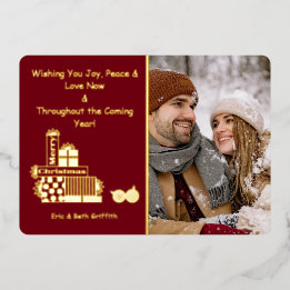 Elegant Merry Christmas Stack of Presents Photo Foil Holiday Card