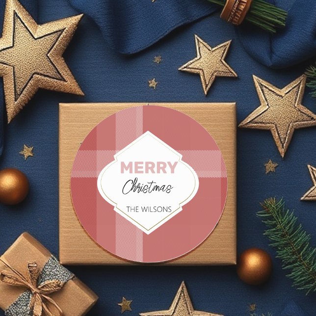 Elegant Merry Christmas Tartan Burgundy Classic Round Sticker (Creator Uploaded)