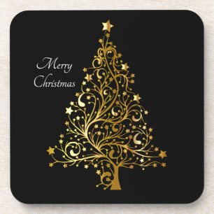 Elegant Merry Christmas Tree Art Gold Black Stars  Beverage Coaster