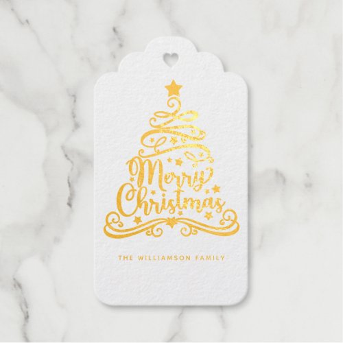 Elegant Merry Christmas Tree Family Foil Gift Tags