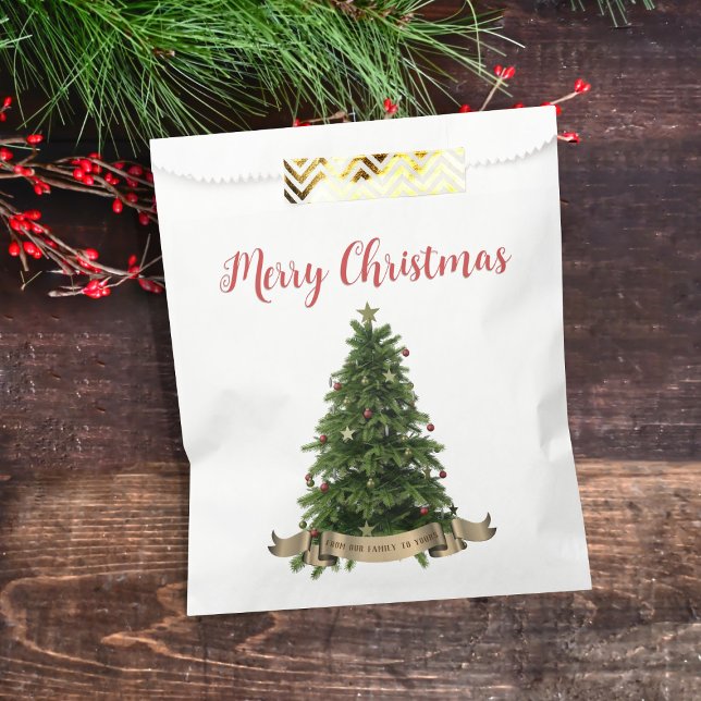Elegant Merry Christmas Tree Family Name Favor Bag (Merry Christmas from our family to yours favor bags just for you)