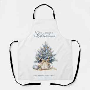 Elegant Merry Christmas Tree Gold Blue Custom Name Apron