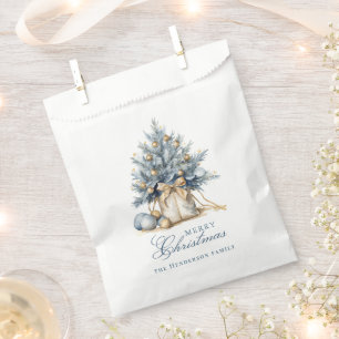 Elegant Merry Christmas Tree Gold Blue Custom Name Favor Bag