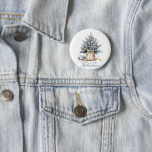 Elegant Merry Christmas Tree Gold Blue Watercolor Button