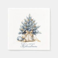 Elegant Merry Christmas Tree Gold Blue Watercolor