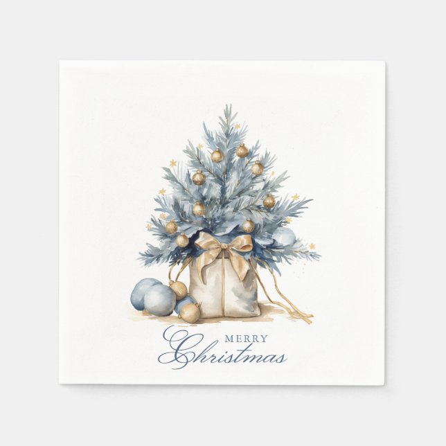 Elegant Merry Christmas Tree Gold Blue Watercolor Napkins (Front)