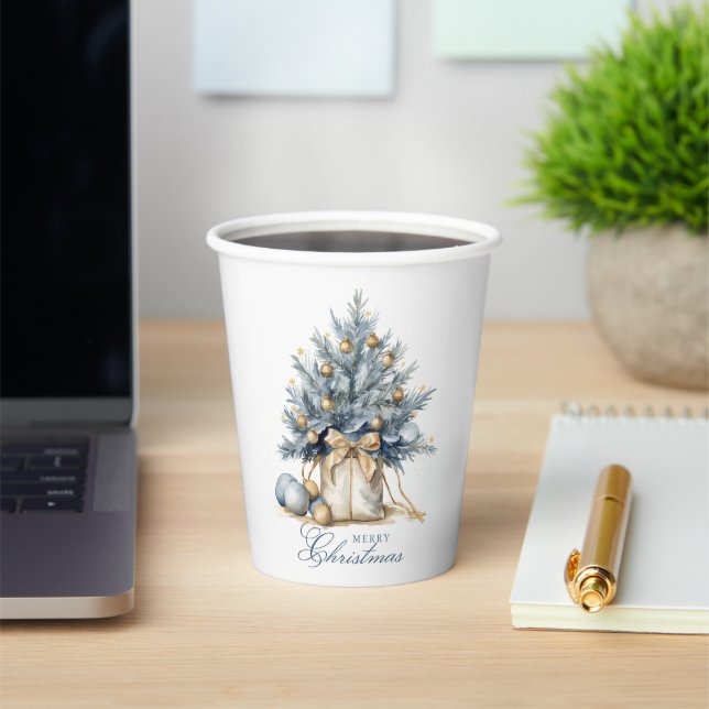 Elegant Merry Christmas Tree Gold Blue Watercolor Paper Cups (Insitu)