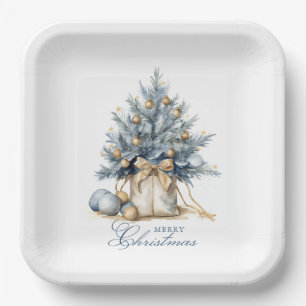 Elegant Merry Christmas Tree Gold Blue Watercolor Paper Plates