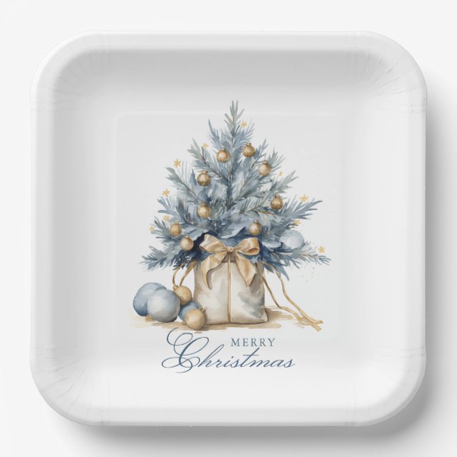 Elegant Merry Christmas Tree Gold Blue Watercolor Paper Plates (Front)