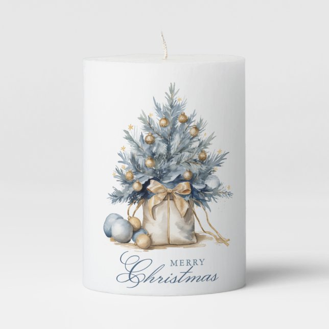 Elegant Merry Christmas Tree Gold Blue Watercolor Pillar Candle (Front)