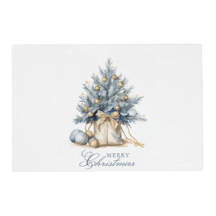Elegant Merry Christmas Tree Gold Blue Watercolor Placemat