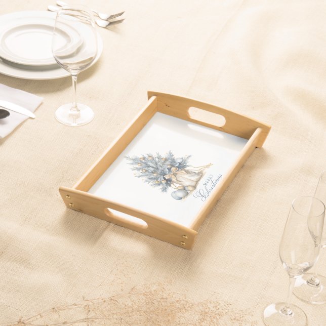 Elegant Merry Christmas Tree Gold Blue Watercolor Serving Tray (Front)