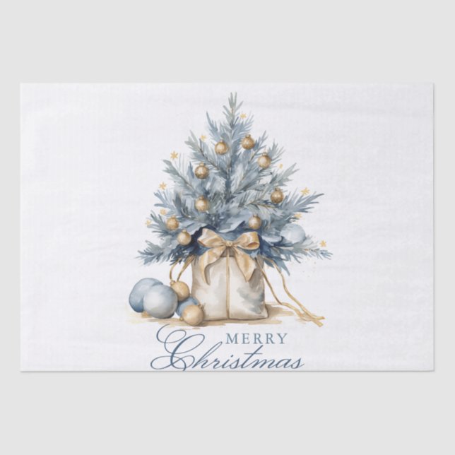 Elegant Merry Christmas Tree Gold Blue Watercolor Tissue Paper (Front)