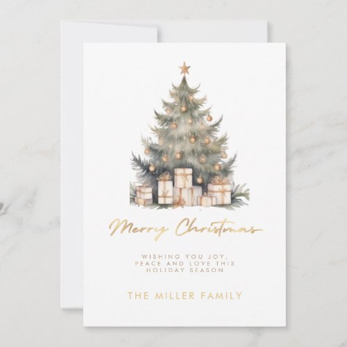 Elegant Merry Christmas Tree Gold Minimalist Holiday Card