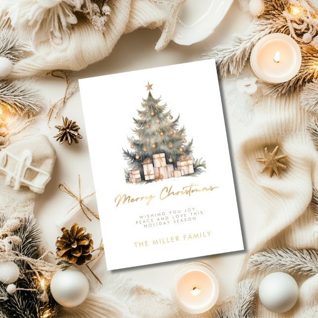 Elegant Merry Christmas Tree Gold Minimalist Holiday Card (Creator Uploaded)
