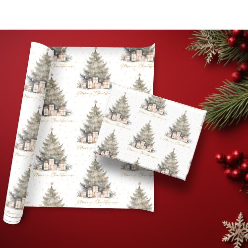 Elegant Merry Christmas Tree Gold Minimalist Wrapping Paper