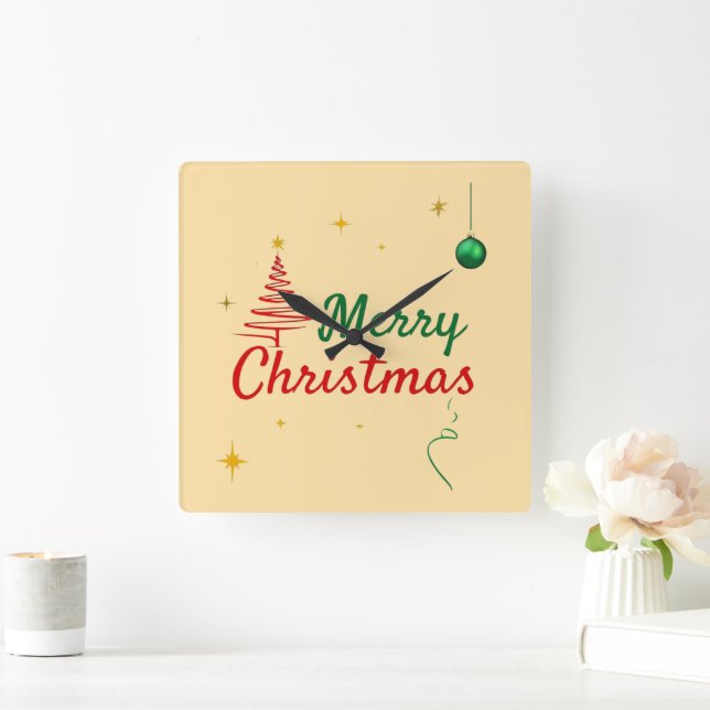 Elegant Merry Christmas Tree Holiday Design Square Wall Clock (Home)