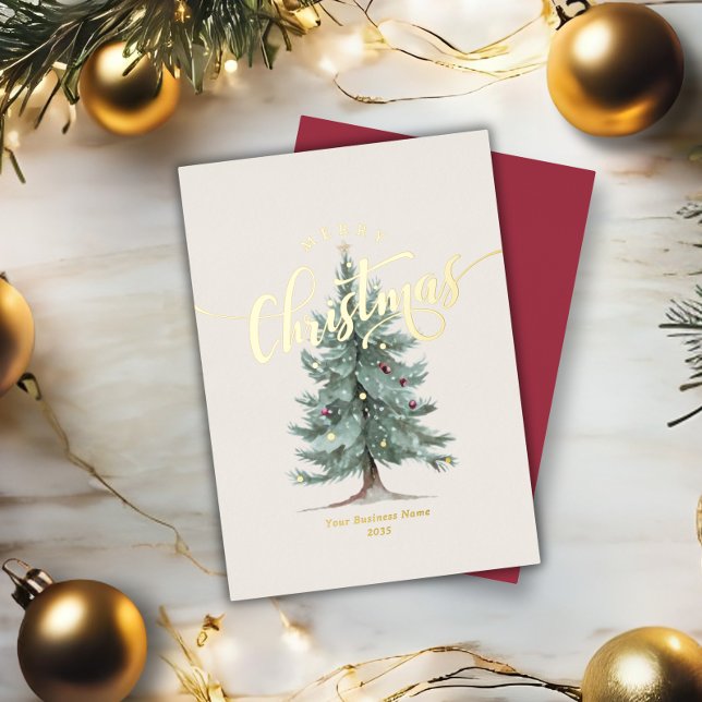 Elegant Merry Christmas Tree Script Business Logo Foil Holiday Card (Creator Uploaded)