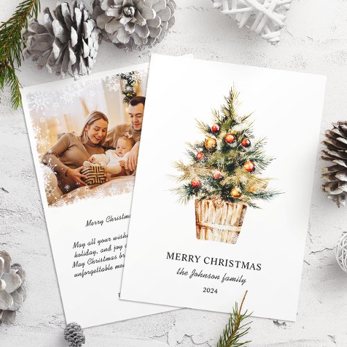 Elegant Merry Christmas Tree Snowflakes One Photo Holiday Card