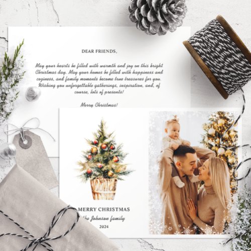 Elegant Merry Christmas Tree Snowflakes One Photo  Holiday Card