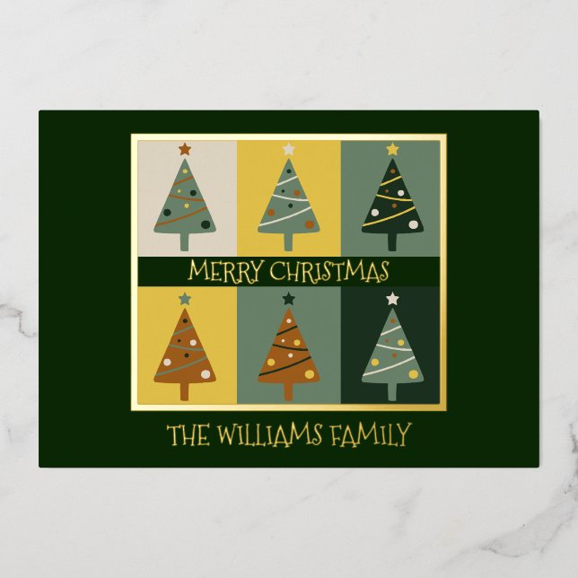 Elegant Merry Christmas Trees Custom Foil Holiday Card (Front)
