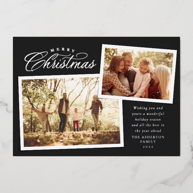 Elegant Merry Christmas two photo chic black Foil Holiday Card (Front)