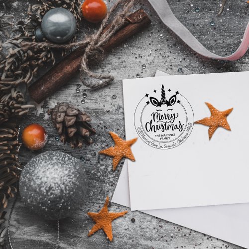Elegant Merry Christmas Unicorn Return Address Rubber Stamp