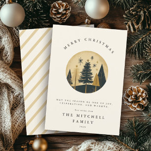 Elegant Merry Christmas Warm Gold Pine Forest Holiday Card