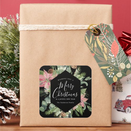 Elegant Merry Christmas Watercolor Floral Greenery Square Sticker