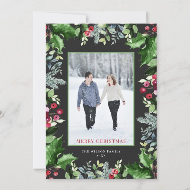 Elegant Merry Christmas Watercolor Greenery Holiday Card (Front)