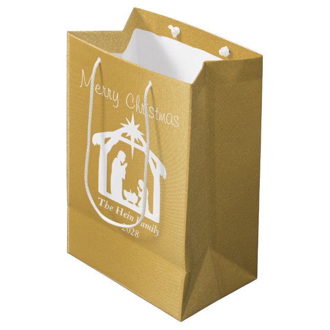 Elegant Merry Christmas White Gold Nativity Medium Gift Bag (Front Angled)