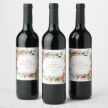 Elegant Merry Christmas Wine Label<br><div class="desc">These beautiful holiday wine labels feature elegant watercolor red flowers with holly berries,  pinecones,  and greenery on white background. Easily personalize with the year correct and your family name. Find matching items in the Holiday Red Winter Botanical Christmas Collection.</div>