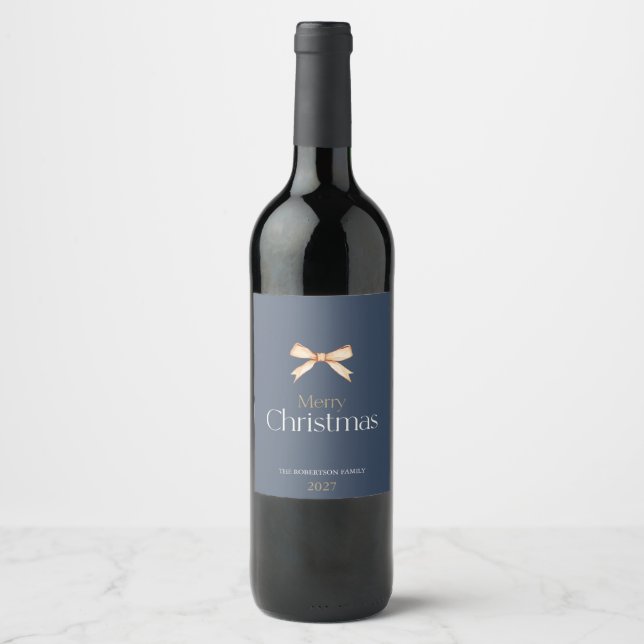 Elegant Merry Christmas Wine Label with Gold Bow (Front)