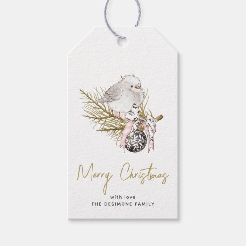 Elegant Merry Christmas Winter Bird Gold Gift Tags