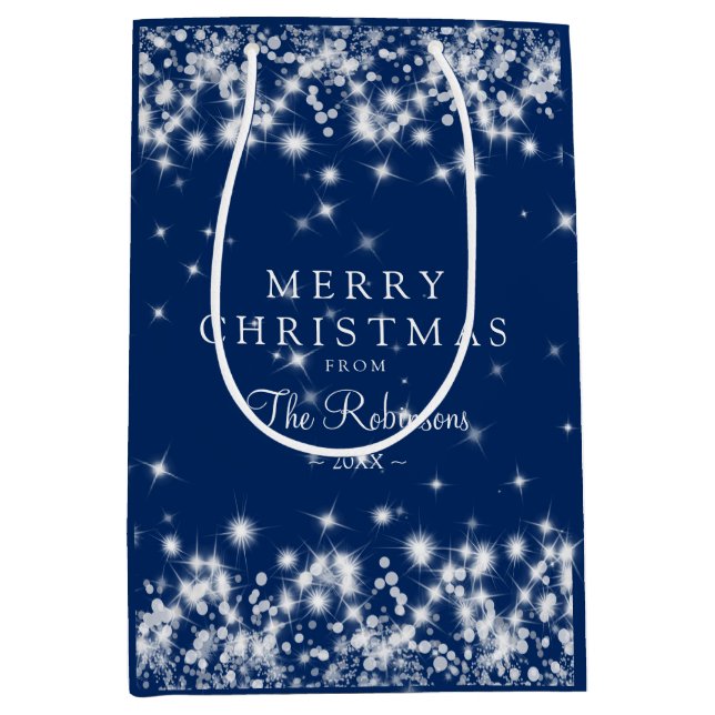 Elegant Merry Christmas Winter Sparkle Navy Blue Medium Gift Bag (Front)