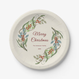 Elegant Merry Christmas Wreath Personalized Name Paper Plates