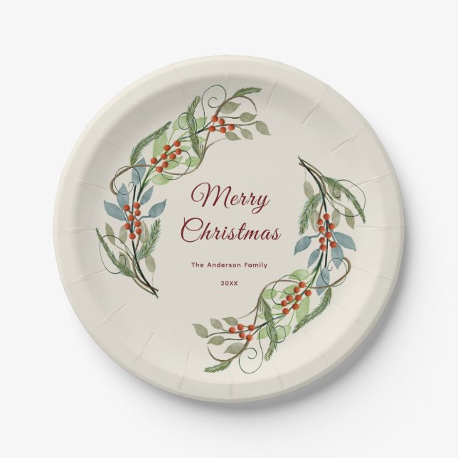 Elegant Merry Christmas Wreath Personalized Name Paper Plates (Front)