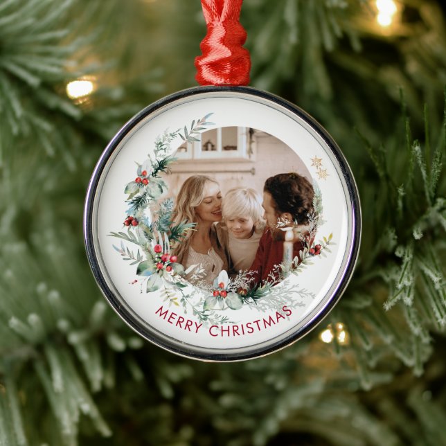 Elegant Merry Christmas wreath photo Metal Ornamen Ornament (Tree)