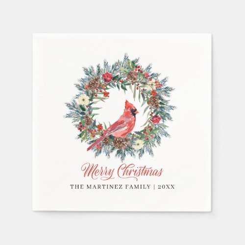 Elegant Merry Christmas Wreath Red Cardinal Napkin