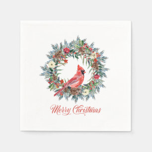 Elegant Merry Christmas Wreath Red Cardinal Napkins