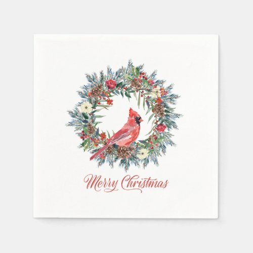 Elegant Merry Christmas Wreath Red Cardinal Napkins