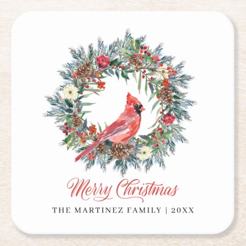 Elegant Merry Christmas Wreath Red Cardinal Square Paper Coaster