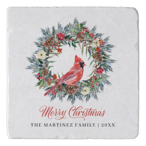 Elegant Merry Christmas Wreath Red Cardinal Trivet